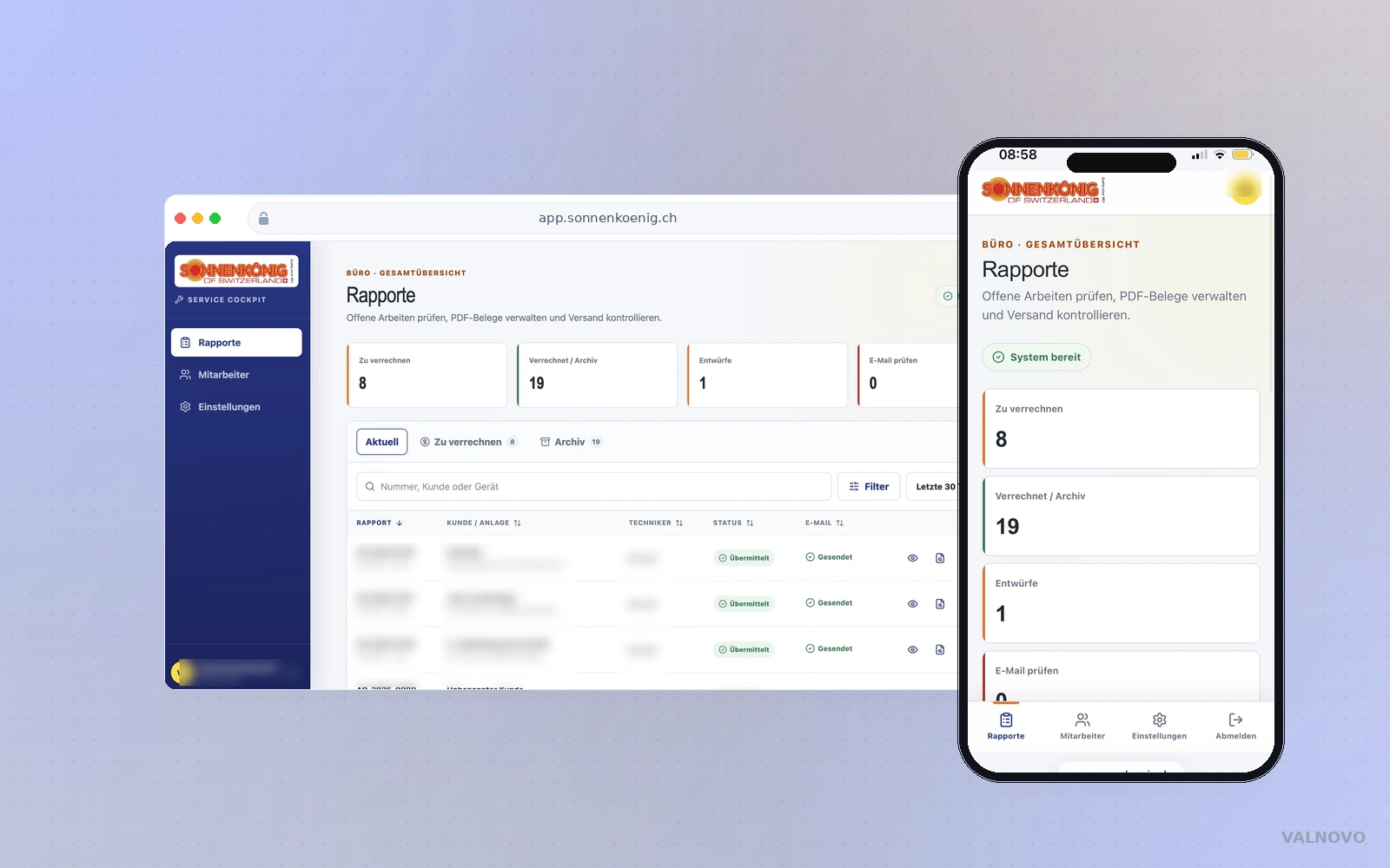 Service-Cockpit mit digitalem Arbeitsrapport